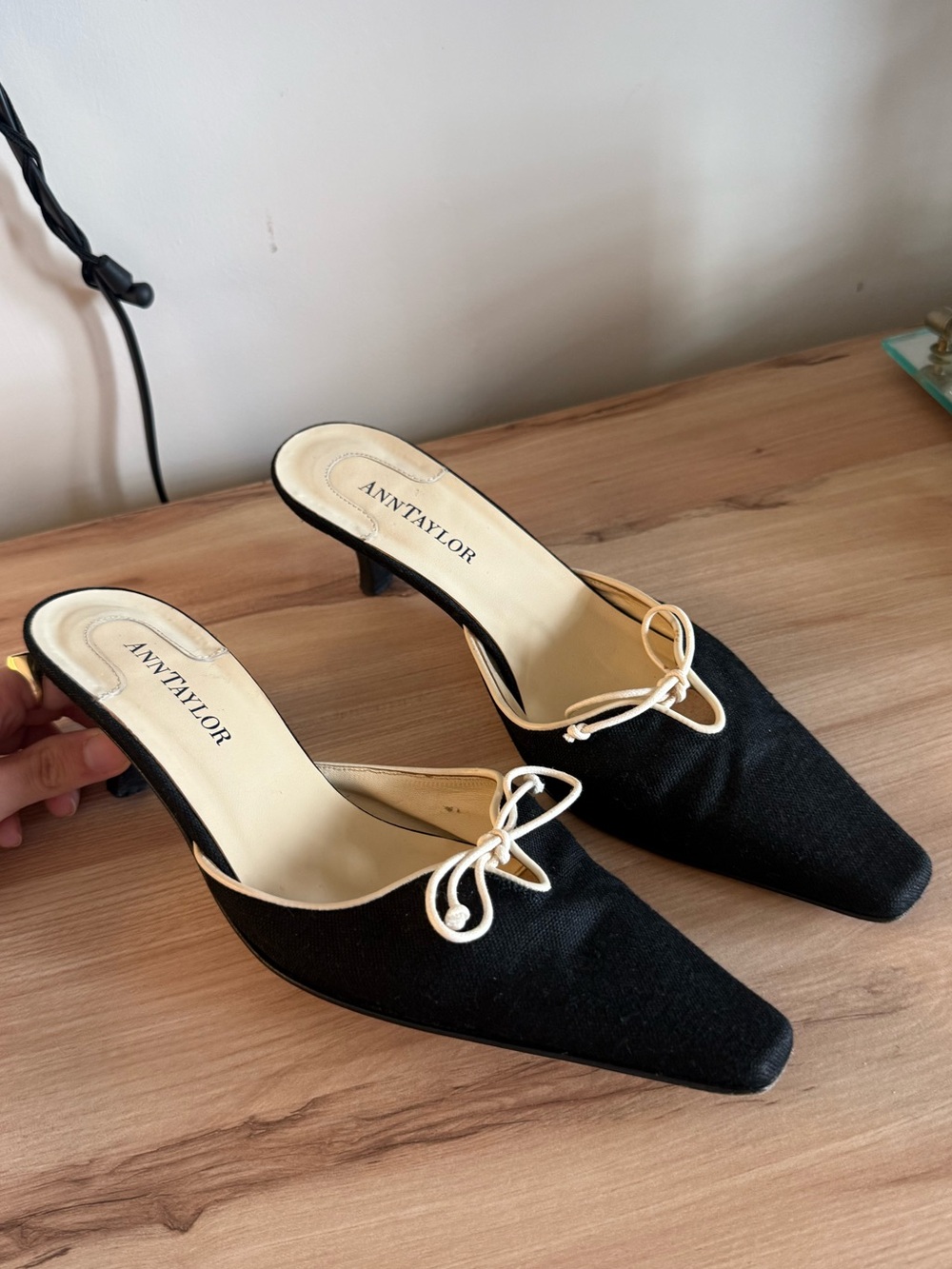 Vintage Ann Taylor Black Mules with Ivory Bow Trim